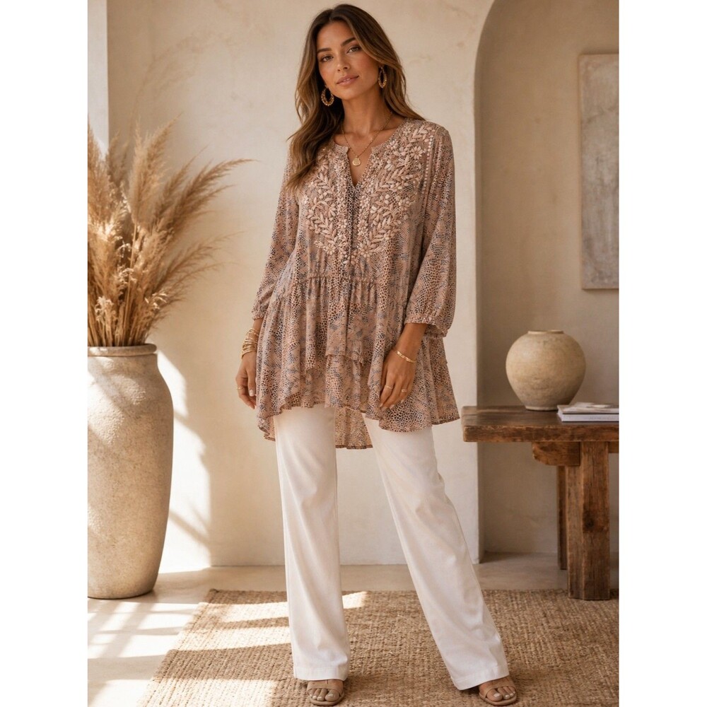 Amaya Silk Top Embroidered Boho Tunic Beige Snake Print Ruffle Hem Size M Luxury